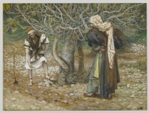 James Tissot (1836-1902) Le vigneron et le figuier opaque watercolor over graphite on gray wove paper, between 1886 and 1894 Brooklyn Museum